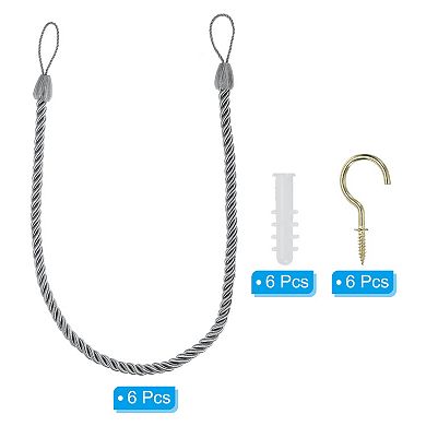 Curtain Tiebacks Ropes, 6 Pack Decorative Braided Curtain Holdback Cord with Screw Hooks & Bolts