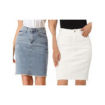 2 Packs Women's Distressed High Waist Ripped Hem Knee Length Denim Skirt