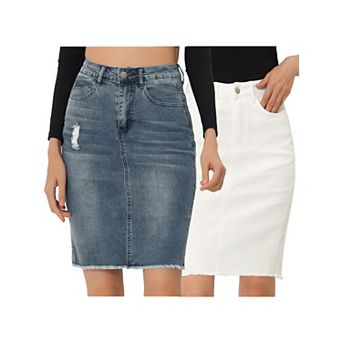 2 Packs Women's Distressed High Waist Ripped Hem Knee Length Denim Skirt