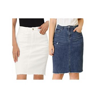 2 Packs Women's Distressed High Waist Ripped Hem Knee Length Denim Skirt