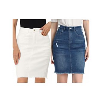 2 Packs Women's Distressed High Waist Ripped Hem Knee Length Denim Skirt