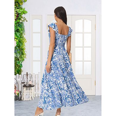 2 Packs Women's Summer Smocked Beach Dresses Square Neck Sleeveless Ruffle Floral Flowy Tiered Maxi