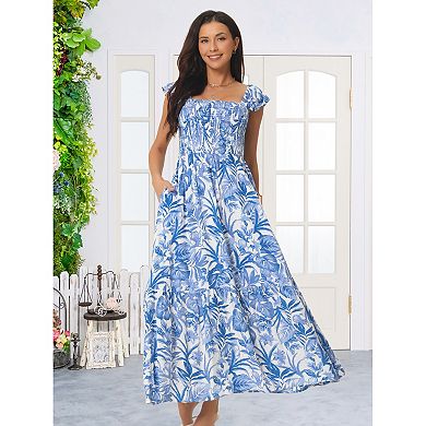 2 Packs Women's Summer Smocked Beach Dresses Square Neck Sleeveless Ruffle Floral Flowy Tiered Maxi
