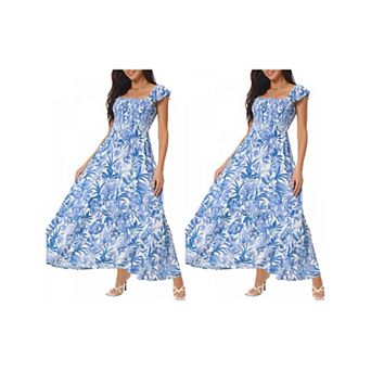 2 Packs Women's Summer Smocked Beach Dresses Square Neck Sleeveless Ruffle Floral Flowy Tiered Maxi