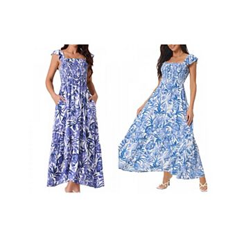 2 Packs Women's Summer Smocked Beach Dresses Square Neck Sleeveless Ruffle Floral Flowy Tiered Maxi