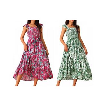 2 Packs Women's Summer Smocked Beach Dresses Square Neck Sleeveless Ruffle Floral Flowy Tiered Maxi
