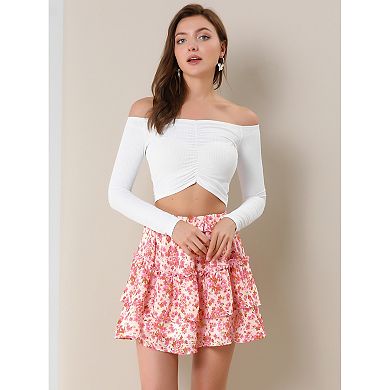 2 Packs Women's Layered Ruffle Hem Chiffon Elastic Waist A-Line Floral Skirt
