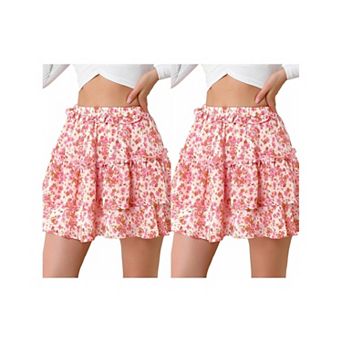2 Packs Women's Layered Ruffle Hem Chiffon Elastic Waist A-Line Floral Skirt