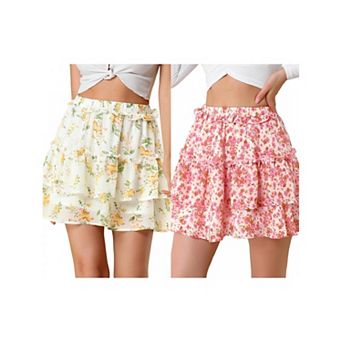 2 Packs Women's Layered Ruffle Hem Chiffon Elastic Waist A-Line Floral Skirt