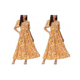 2 Packs Women's Summer Floral Short Flutter Sleeve V Neck Smocked High Waist Maxi Dress with Pockets