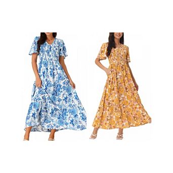2 Packs Women's Summer Floral Short Flutter Sleeve V Neck Smocked High Waist Maxi Dress with Pockets