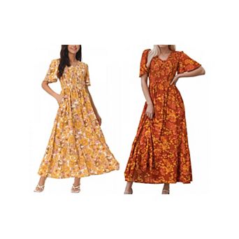 2 Packs Women's Summer Floral Short Flutter Sleeve V Neck Smocked High Waist Maxi Dress with Pockets