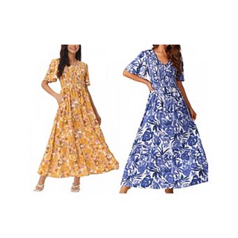 2 Packs Women's Summer Floral Short Flutter Sleeve V Neck Smocked High Waist Maxi Dress with Pockets
