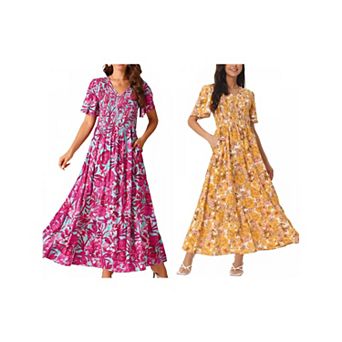 2 Packs Women's Summer Floral Short Flutter Sleeve V Neck Smocked High Waist Maxi Dress with Pockets