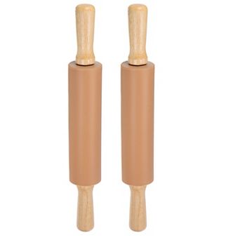 2 pc Silicone Rolling Pins for Baking 14.9" Non-Stick Silicone Surface Wooden Handle Rolling Pin