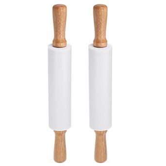 2 pc Silicone Rolling Pins for Baking 14.9" Non-Stick Silicone Surface Wooden Handle Rolling Pin