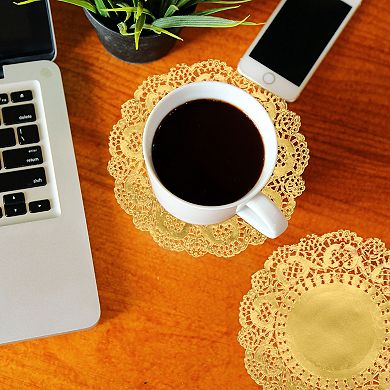 200 Pcs Gold Lace Paper Doilies 5" Round Tableware Disposable Decorative Foil Lace Paper Placemats