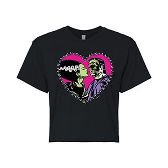 Juniors' Universal Monsters Frankenstein & Bride Stitched Heart Cropped Tee