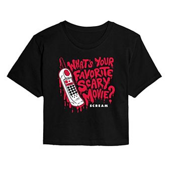 Juniors' Scream What's Your Favorite Scary Movie Cropped Tee