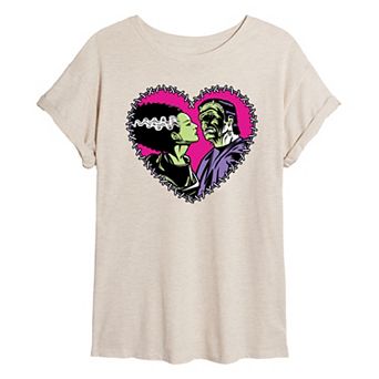 Juniors' Universal Monsters Frankenstein & Bride Stitched Heart Oversized Tee
