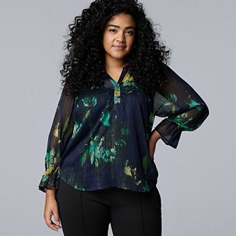 Plus Size Simply Vera Vera Wang Shirred Neck Shine Blouse