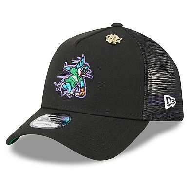 Men's New Era Black Miami Marlins 2025 Big League Chew A-Frame 9FORTY Adjustable Trucker Hat
