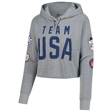 Women's Heather Gray Team USA Flag & Patches Fleece Cropped Pullover Hoodie