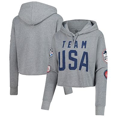 Women's Heather Gray Team USA Flag & Patches Fleece Cropped Pullover Hoodie