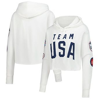 Women's White Team USA Flag & Patches Fleece Cropped Pullover Hoodie