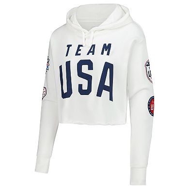 Women's White Team USA Flag & Patches Fleece Cropped Pullover Hoodie