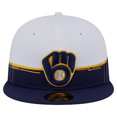 Men's New Era Navy/White Milwaukee Brewers Paint Stroke 59FIFTY Fitted Hat