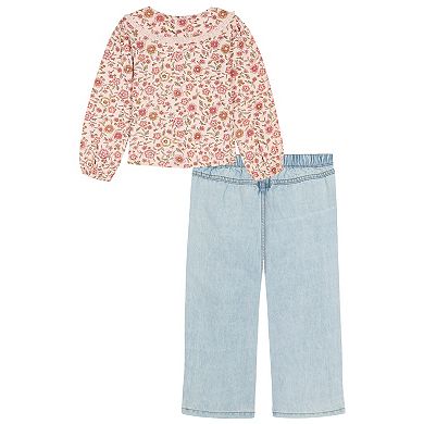 Girls 4-6x Kids Headquarters Eyelet Trim Floral Blouse & Wide Leg Jeans Set