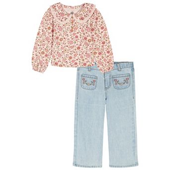 Toddler Girl Kids Headquarters Eyelet Trim Floral Blouse & Wide Leg Jeans Set