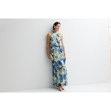 Women's Donna Ricco Sleeveless Printed Chiffon Halter Maxi Dress