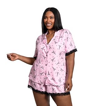 Plus Size Lilac+London Print 2 pc Pajama Top & Pajama Shorts Set