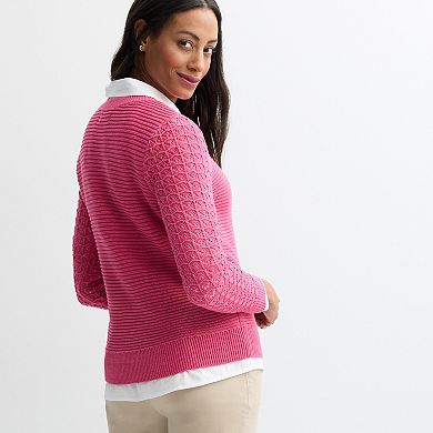 Petite Croft & Barrow® Pointelle Yoke Textured Pullover Sweater