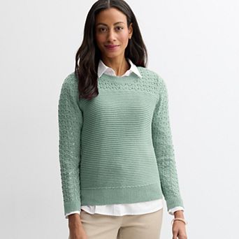 Petite Croft & Barrow® Pointelle Yoke Textured Pullover Sweater