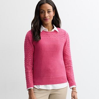 Petite Croft & Barrow® Pointelle Yoke Textured Pullover Sweater