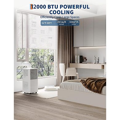 12,000 BTU Drainage-Free Portable AC, 3-in-1 for Bedroom 190-250 Sq.Ft with Remote & Window Kit