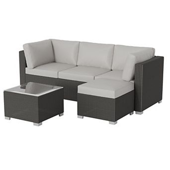 5 pc Outdoor Patio Rattan Sofa Set, PE Wicker Sectional with Thick Cushions, Glass Tabletop