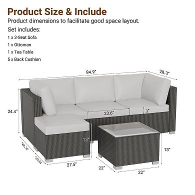 5 Pieces Outdoor Patio Rattan Sofa Set, PE Wicker Sectional with Thick Cushions, Glass Tabletop