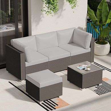 5 Pieces Outdoor Patio Rattan Sofa Set, PE Wicker Sectional with Thick Cushions, Glass Tabletop