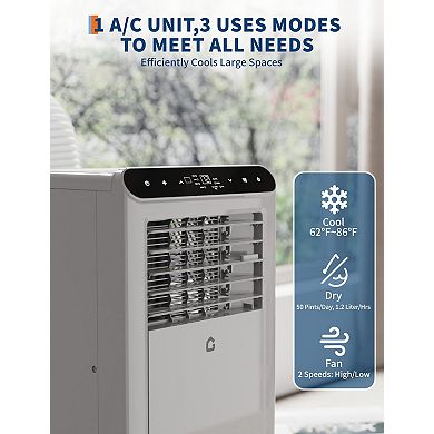 8,000 BTU Portable AC with Remote, 3-in-1 Cooling, Dehumidifier, Fan for 350 Sq.Ft, Grey