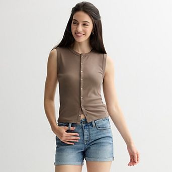 Juniors' Pink Republic Crewneck Button-Up Tank Top