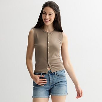 Juniors' Pink Republic Crewneck Button-Up Tank Top