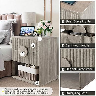 Large Fluted Nightstand with Drawers, 22.7" Wide Modern Bedside Table for Bedroom, Room and Offices