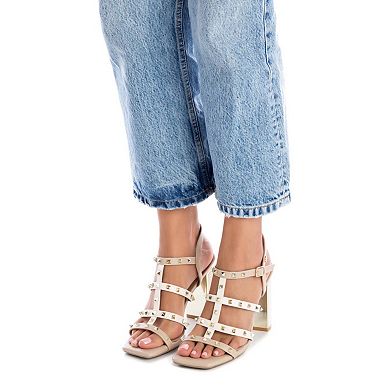 Women's Heeled Sandals With Gold Studs By XTI, Beige 14142807