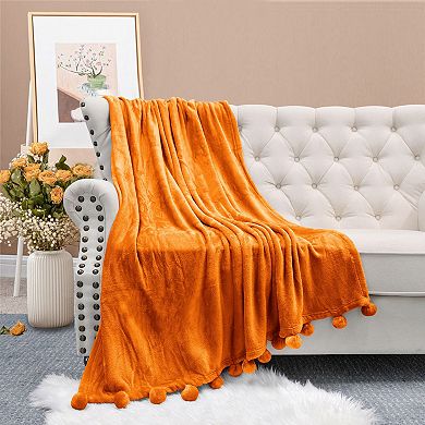 Home Soft Things Pom Pom Fleece Throw Blanket