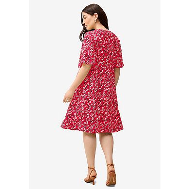 ellos Plus Size V-Neck Empire Dress With Button Trim