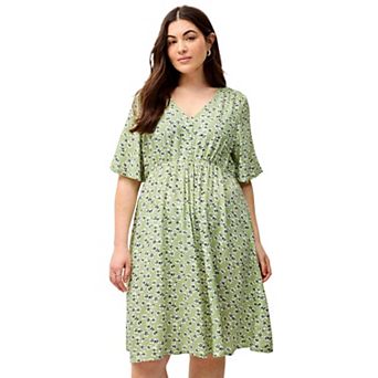 ellos Plus Size V-Neck Empire Dress With Button Trim